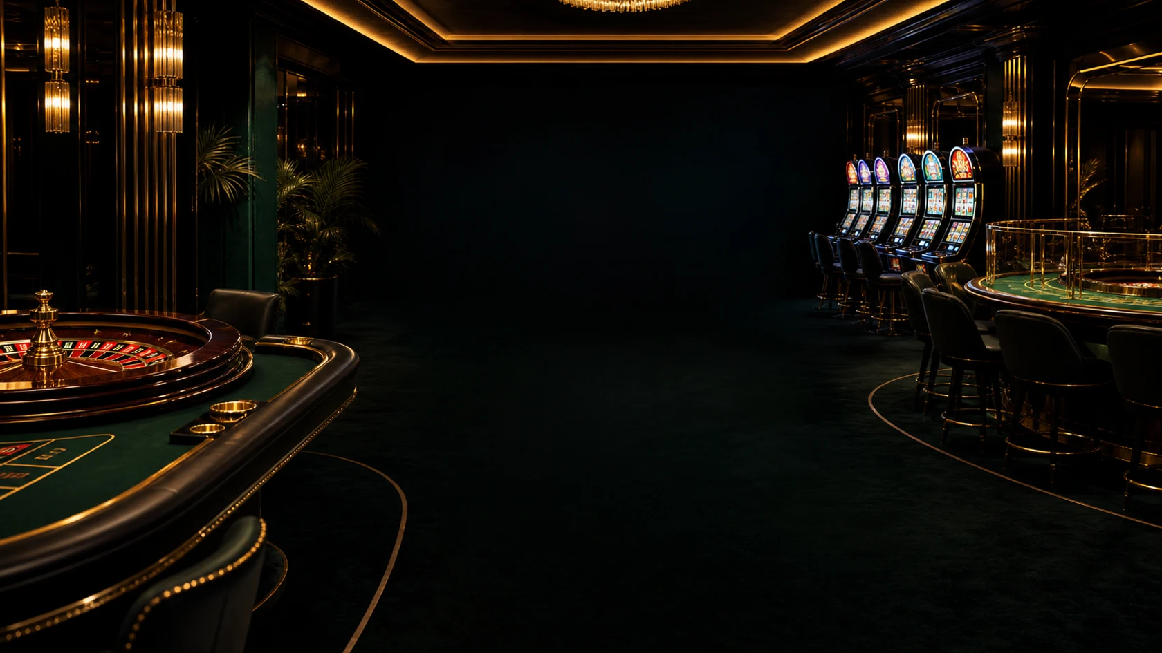 An elegant casino floor with roulette, table games and slot machines